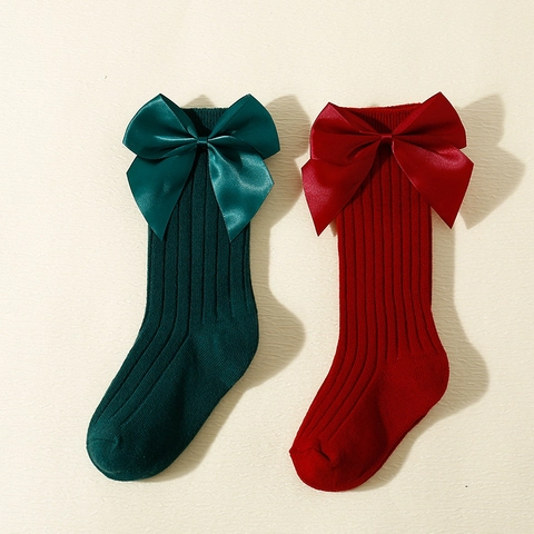 Chaussettes Mi-Mollet Bébé Coton Côtelé Tricoté Grand Nœud En Satin Style Espagnol Noël Fête Enfant Fille