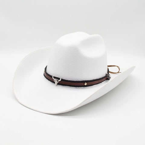 Western Cowboy Hat Wool Felt Wide Brim With Faux Leather Band And Metal Bull Skull Vintage Retro Style For Men Women