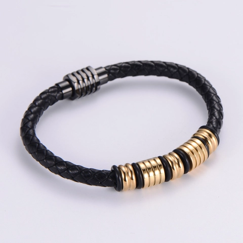 Bracciale Intrecciato Uomo Anelli Acciaio Inossidabile Oro Cordino Pelle PU Chiusura Magnetica Gioielli Vintage Industrial