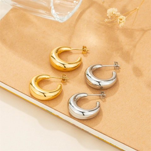 Chunky Hoop Earrings Stainless Steel High Polish C-Shaped Minimalist Twisted Moon Textured Jewelry For Women