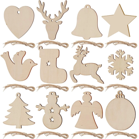 Wooden Christmas Pendants DIY Natural Wood Hanging Ornaments Laser Cut Snowflake Angel Star Shapes With Jute Rope Decor