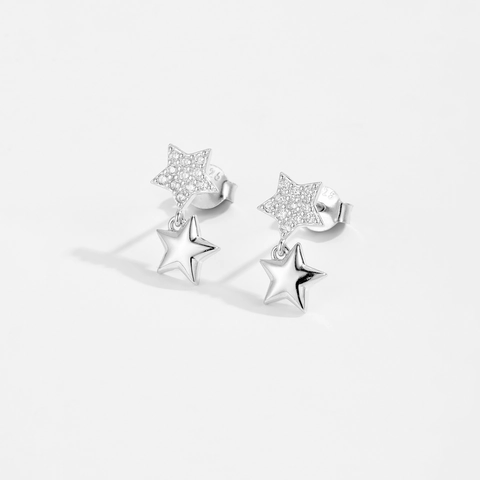 Elegantes Pendientes de Botón de Doble Estrella de Plata de Ley 925 para Mujer Joyas de Estrella Colgante de Strass para Boda