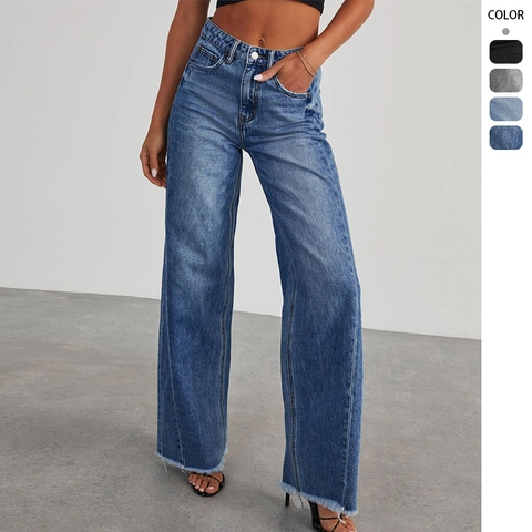 Jeans Da Donna A Vita Alta Gamba Larga Pantaloni In Denim Lavato Con Orlo Grezzo Streetwear Casual Alla Moda