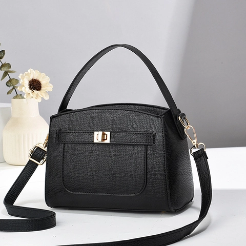 Crossbody Bag Women PU Lychee Leather Splicing Color Turn Lock Gold Hardware Top Handle Versatile Urban Stylish
