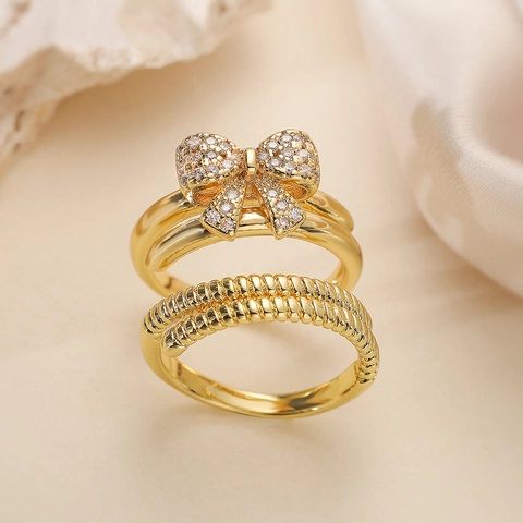 Bow And Twisted Texture Adjustable Open Ring Copper 18K Gold Plated Zircon Double Layer Jewelry For Women