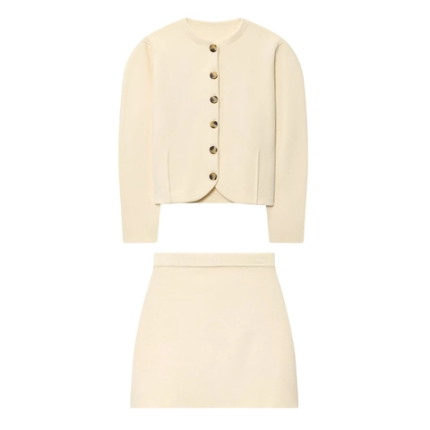 Cárdigan De Punto Y Minifalda Manga Larga Botones Cintura Alta Color Sólido Ajuste Delgado Elegante Casual Mujer