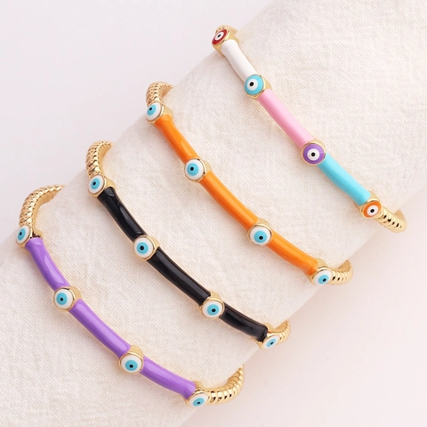Evil Eye Bracelet Colorful Enamel 18K Gold Plated Copper Open Bangle Cuff Bohemian Bamboo Joint Style Jewelry For Women