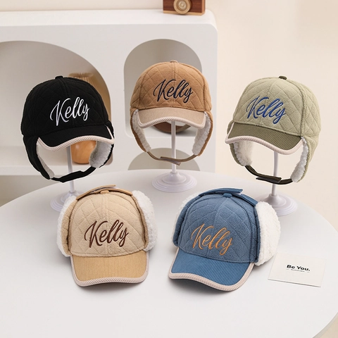 Kinder Winterfliegermütze Gesteppt Mit Lammfell-Imitat Gefüttert Warm Ohrenschutz Baseballkappe Buchstabenstickerei Schirmmütze Jungen Mädchen