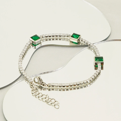 Bracciale Tennis Acciaio Inossidabile Zircone Quadrato Verde Smeraldo Stile Francese Retro Gioielli Per Donna