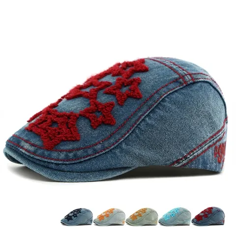 Vintage Denim Beret Flat Cap Embroidered Star Adjustable Ivy Hat Retro Streetwear Unisex Newsboy Cabbie Cap