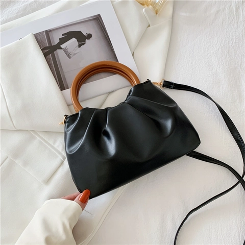 Women Fashion Pleated Shoulder Bag With Round Wood Handle PU Leather Ruched Cloud Pouch Crossbody Handbag For Daily Street Chic
