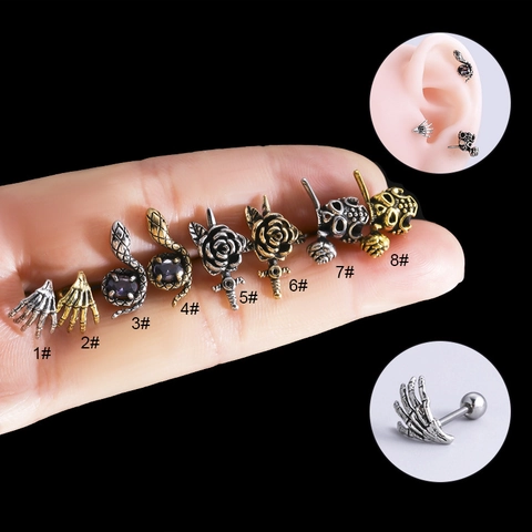 Orecchini Per Cartilagine Vintage Acciaio Inossidabile Rame Zircone Chiusura A Vite Piercing Teschio Serpente Rosa Moda Donne