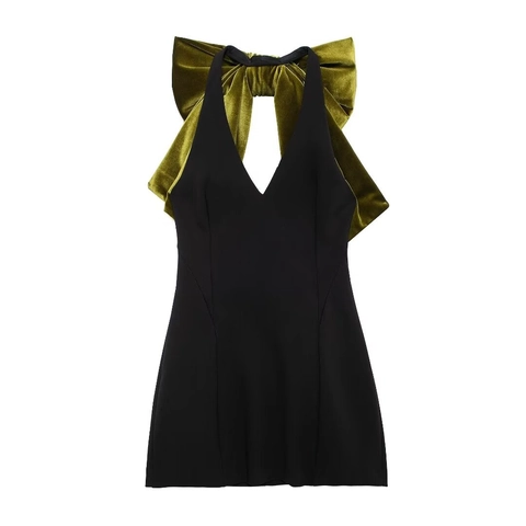 Sexy Schwarzes Neckholder Minikleid Mit Tiefem V-Ausschnitt Rückenfrei Und Großer Olivgrüner Samtschleife Für Damen Party
