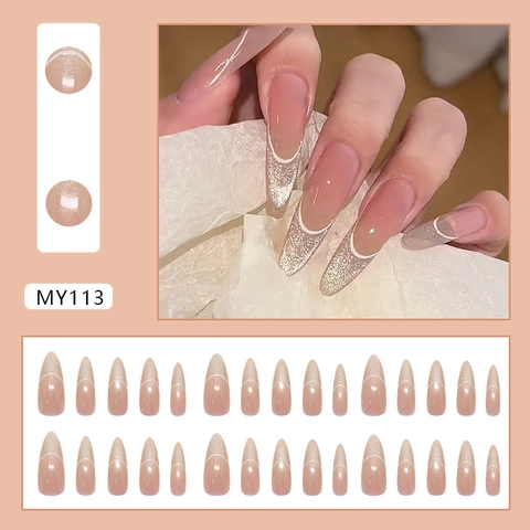 Long Almond Press On Nails ABS Plastic Cat Eye Gradient Nude Pink White French Line Elegant For Women
