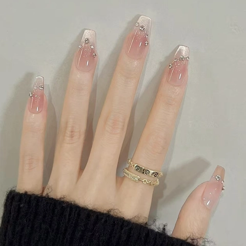 Kunstnagels Press On Roze Verloop Cat Eye Lange Kistvorm Met Glitter Steentjes ABS Kunststof