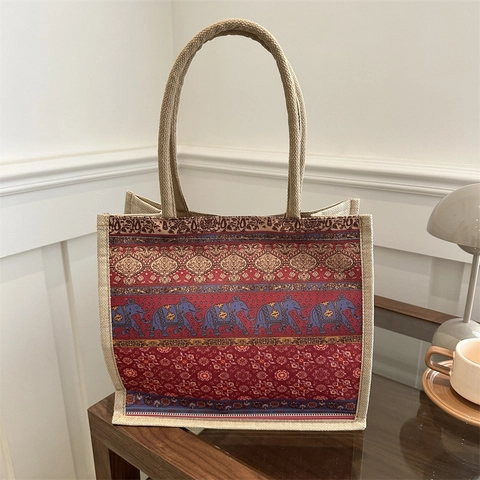 Sac À Main Fourre-tout En Jute Et Lin Imprimé Ethnique Grande Capacité Style Bohème Motifs Éléphant Sac À Épaule Décontracté