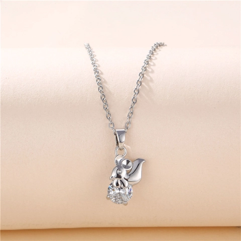 Cute Squirrel Pendant Necklace Stainless Steel Clavicle Chain With Sparkling Cubic Zirconia Fashion Jewelry For Women