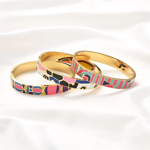 Edelstahl Emaille Armreif Armband Geometrisches Buntes Muster Scharnierverschluss Moderne Kunst Schmuck Damen