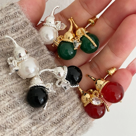 Gourd Stud Earrings Alloy With Silver Earring Post Gold Plated Cubic Zirconia Vintage Chinese Style For Women