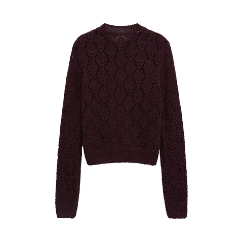 Women Vintage Burgundy Hollow Out Knit Cardigan Satiny Cotton Pointelle Round Neck Long Sleeve Button Up Sweater Top