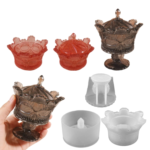 Crown Storage Box Silicone Mold DIY Resin Casting Flower Jar Jewelry Case With Lid Relief Design Craft Tool