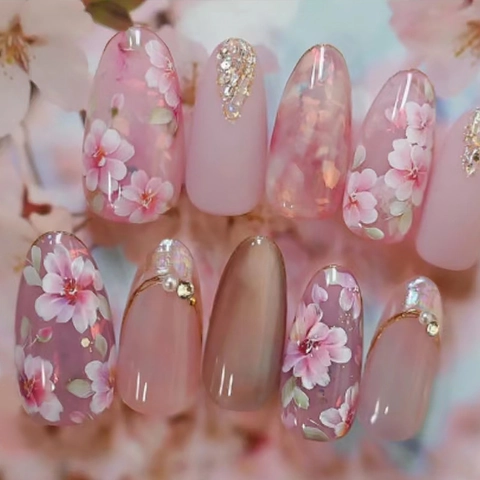 Cat Eye Press On Nägel Pfirsichblütenmuster Strass Dekor Mandelform Abnehmbare Künstliche Nägel Für Frauen