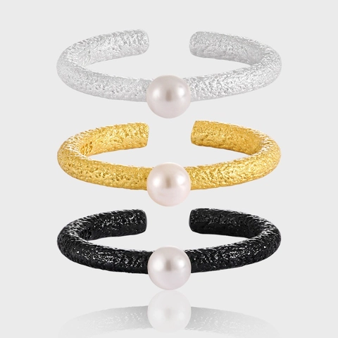 Textured Open Ring for Women Artificial Pearl Copper Adjustable Band Minimalist Ins Style Geometry Ring Jewelry Accessory