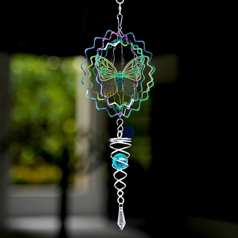 Iridescent Metal Wind Spinner Hanging Decoration Rainbow Tree Of Life Outdoor Garden Ornament With Spiral Tail Crystal Ball