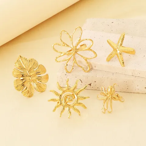 Adjustable Rings Gold Plated Stainless Steel Irregular Geometric Starfish Octopus Leaf Flower For Women Fashion Jewelry