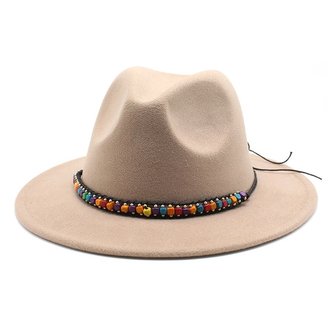 Woolen Felt Fedora Hat With Colorful Bohemian Beads Band Vintage British Style Jazz Cap For Unisex Sun Protection