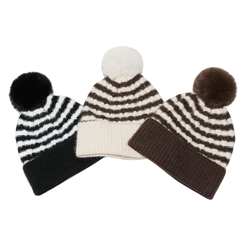 Winter Beanie Mütze Gestreift Strick Acryl Mit Kunstpelz Pompon Warm Winddicht Vintage Weich Outdoor Accessoire