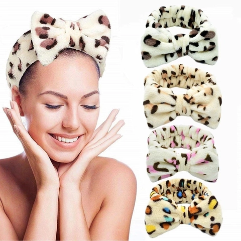 Plush Leopard Print Bow Headband Coral Velvet Soft Elastic Hair Band For Washing Face Makeup Skincare Spa Women Girls