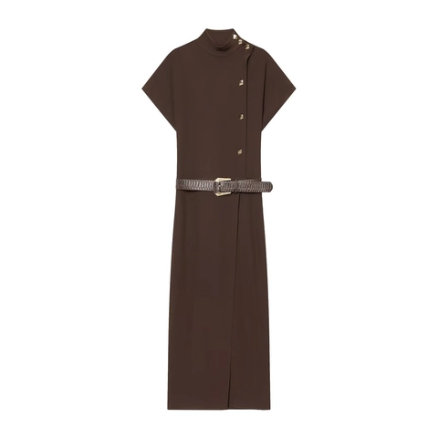 Vestido Midi Sin Mangas Con Botones De Metal Dorado Cuello Alto Color Sólido Marrón Café Elegante Estilo Dama Con Cinturón