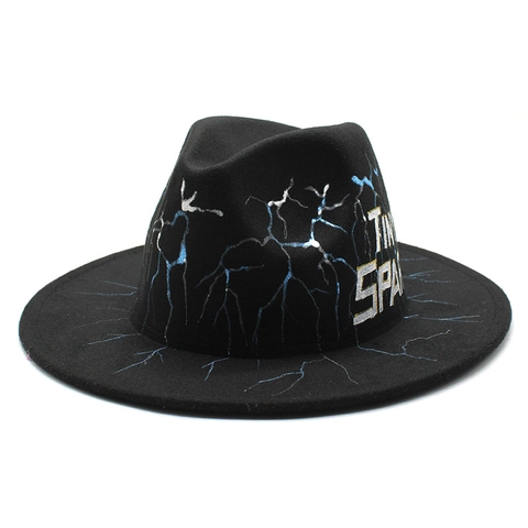 Unisex Woolen Felt Fedora Hat Lightning Pattern Painted Flat Brim Jazz Cap Streetwear Hip Hop Style