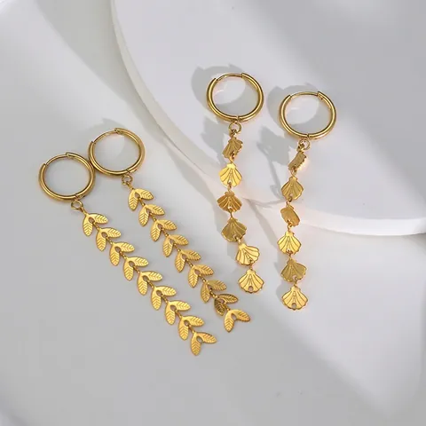 Rvs Goud Hoepel Drop Oorbellen Schelp Tarwe Oor Blad Kwastje Hangende Oorbellen Voor Vrouwen Westerse Elegante Sieraden