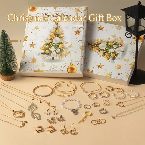 Christmas Advent Calendar Jewelry Blind Box Alloy Faux Artificial Pearl Rhinestone Necklace Earrings Bracelet Rings For Women Girls Gift