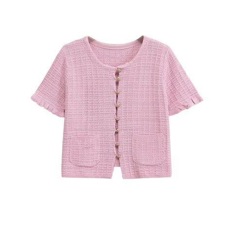 Women's Short Sleeve Knit Cardigan Round Neck Gold Buttons Ruffle Edge Waffle Texture Cotton Top Pink White Casual Elegant Knitwear
