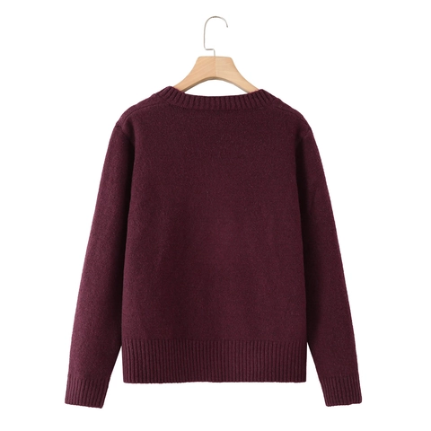 Dames Gebreide Trui Met V-Hals Zacht Losse Lange Mouwen Geribbelde Afwerking Casual Warme Jumper Tops Wijnrood