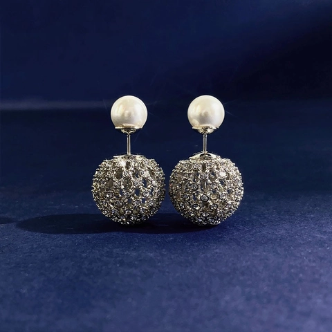 Pendientes De Botón De Doble Cara Cobre Bola Hueca Diamantes De Imitación Perla Artificial Estilo Vintage