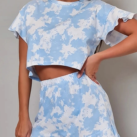 Pyjama Femme Top Court Manches Courtes Et Short À Volants Polyester Tie Dye Léopard Loungewear Été Décontracté
