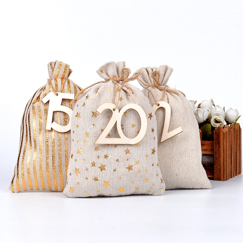 Christmas Advent Calendar Bags Cotton Linen Drawstring Gift Pouch With Wood Tags Clips For Holiday Countdown Decor