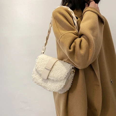 Plüsch Lammwolle Umhängetasche Mit Geflochtenem Riemen PU Leder Klappe Herbst Winter Lässig Damen Chic Stil