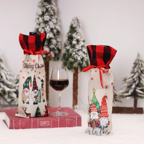 Christmas Wine Bottle Covers Linen Burlap Bags With Gnome Pattern Plaid Drawstring For Holiday Party Dinner Table Decor