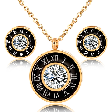 Roman Numeral Jewelry Necklace And Stud Earrings Titanium Steel 18K Gold Plated Cubic Zirconia Black Enamel Luxury For Women