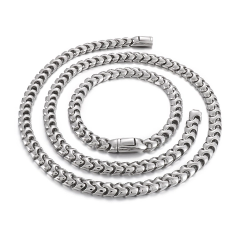Collar Y Pulsera Para Hombre De Acero Inoxidable Cadena De Hueso De Dragón Hebilla Cuadrada Joyería Hip Hop Color Plata Moda Accesorios