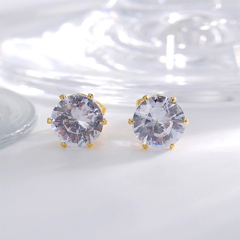 Boucles D'oreilles Puces Élégantes Plaquées Or 18K Cuivre Base Couronne Zircon Rond Cristal Femmes Bijoux Raffinés