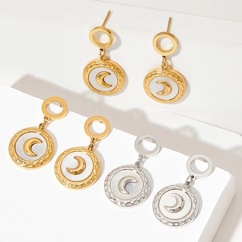 Französische Retro Runde Tropfenohrringe Edelstahl Muschel Mond Relief Hammerschlag Textur Vintage Elegant Damen