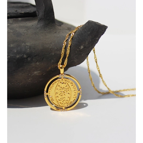 Retro Münzrelief Anhänger Halskette Messing Zirkonia Mikro Pave Rotierend Doppelseitig Mythologie Runde Medaillon Schlüsselbeinkette Damen Schmuck