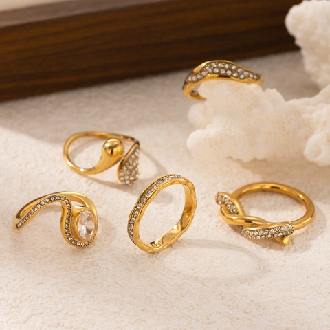 Titaniumstaal Strass Open Ring Voor Vrouwen Minimalistisch Verguld Geometrische Golf Waterdruppel Ingelegde Vingerrand Mode Sieraden