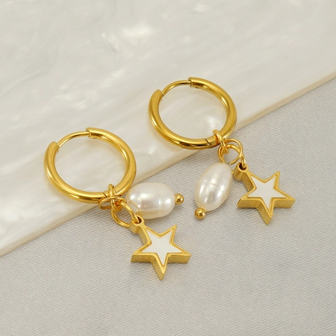 Stern Künstliche Perle Creolen Edelstahl 18K Vergoldet Mode Pendeln Accessoire Für Frauen Eleganter Stil